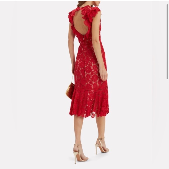 SAYLOR Lace High Neck Ruffled Trumpet Midi Dress Medium - Picture 8 of 14